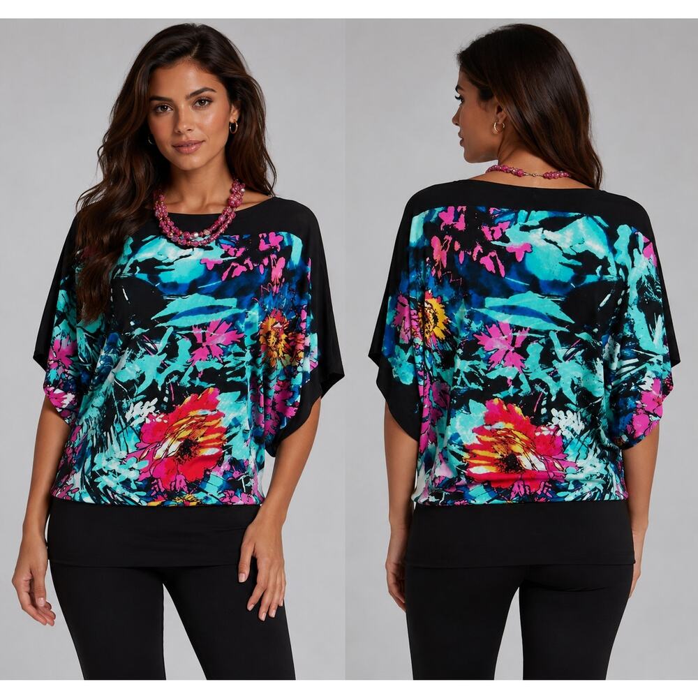 Cache Top New Dolman Sleeve Banded Bottom Stretch Multi Color Tropical $108 NWT